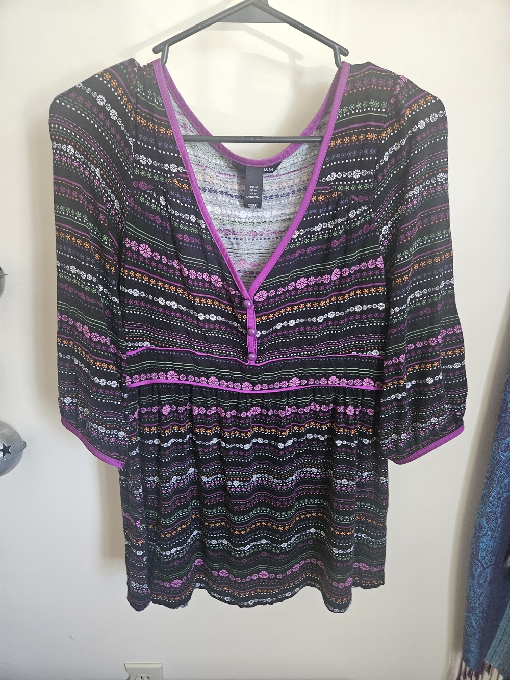 H&M Black Tunic Top with Purple, Orange, Green & White Pattern